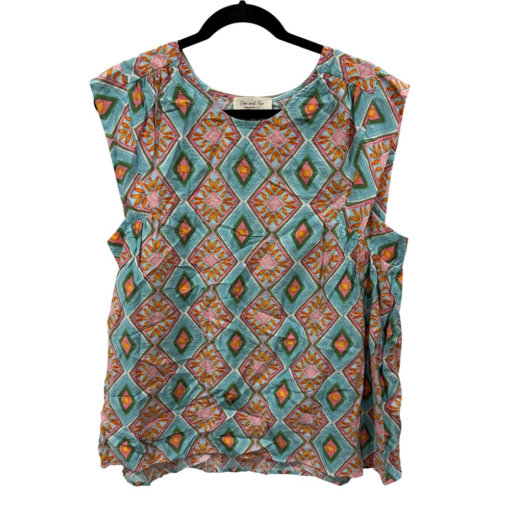 Doe and Rae Geometric Diamond Print Sleeveless Blouse Teal Pink 1XL